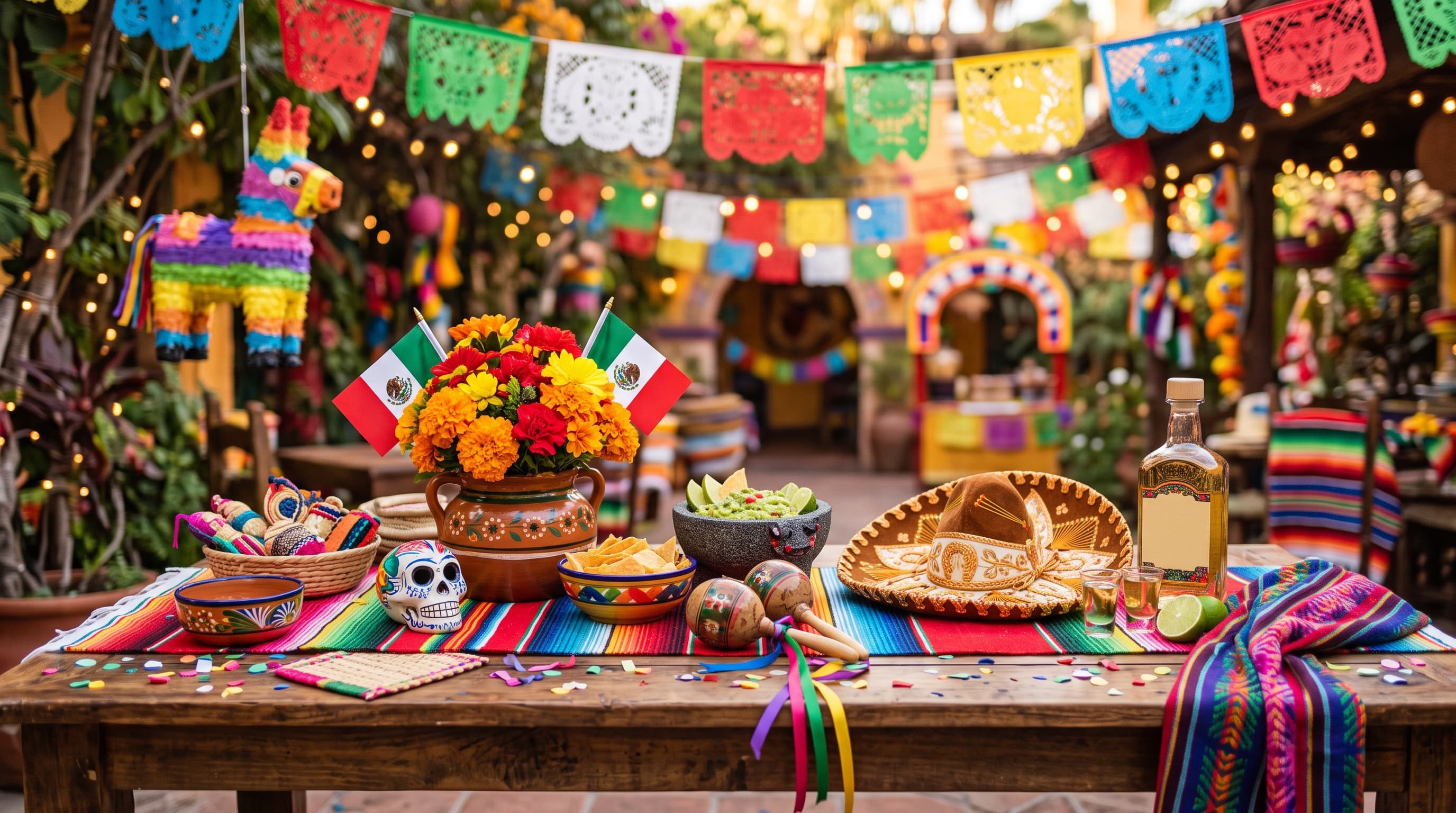 Cinco de Mayo party table with marigolds, Mexican flags, a sugar skull, guacamole, sombrero and maracas under papel picado