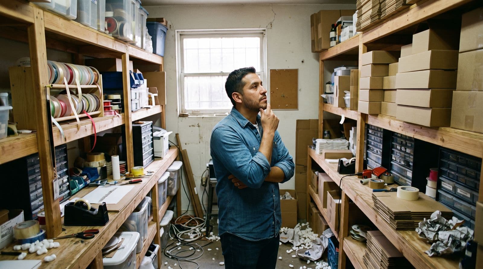 A man in a denim shirt stands in a cluttered supply room filled with stacks of boxes and craft materials.