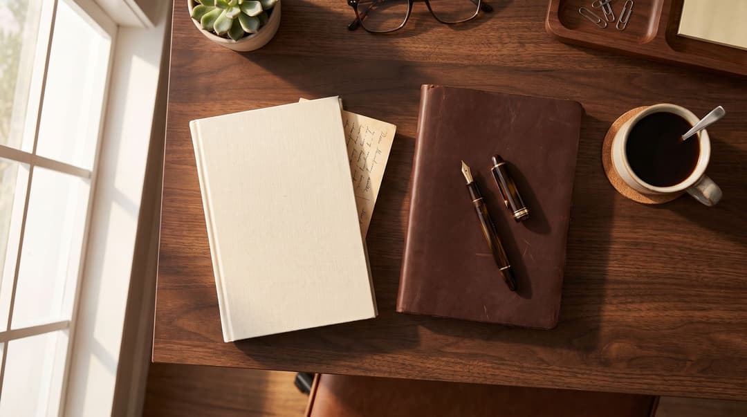 A plain hardcover book with a handwritten card tucked inside, a fountain pen resting on a leather journal and a coffee on a desk by the window.