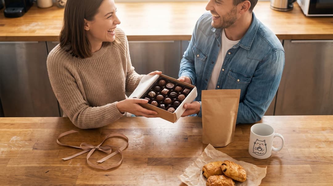Two colleagues laughing in an office kitchen as one hands over a box of chocolates, with a bag of coffee beans, pastries and a cat-cartoon mug on the counter.