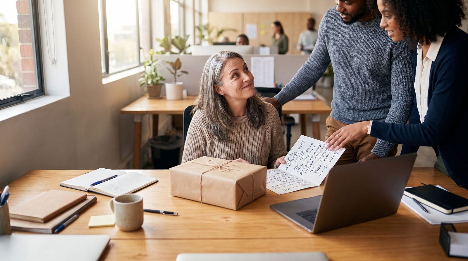Three colleagues hand a manager a small kraft-wrapped gift and a card covered in the whole team's signatures at her desk.