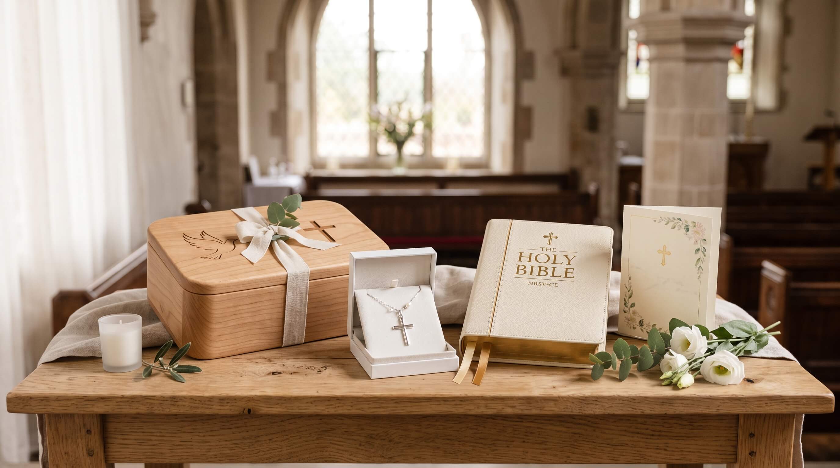 Confirmation gifts on a church table; engraved wooden keepsake box, silver cross necklace in its box, cream Bible and a card