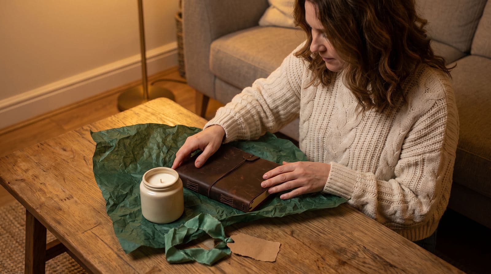 A woman in a cozy knit sweater sits in a warm living room, admiring a high-quality, unbranded leather journal and a hand-poured candle that have just been unwrapped.