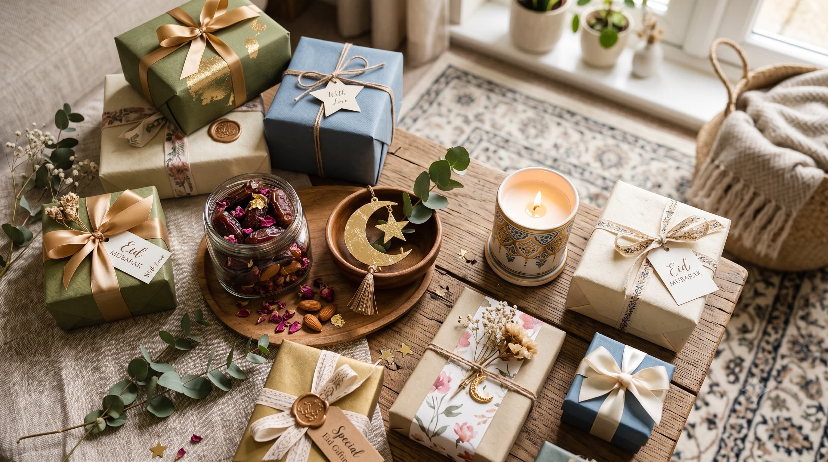 Wrapped Eid Mubarak gift boxes with dates, a candle, and a moon and star charm
