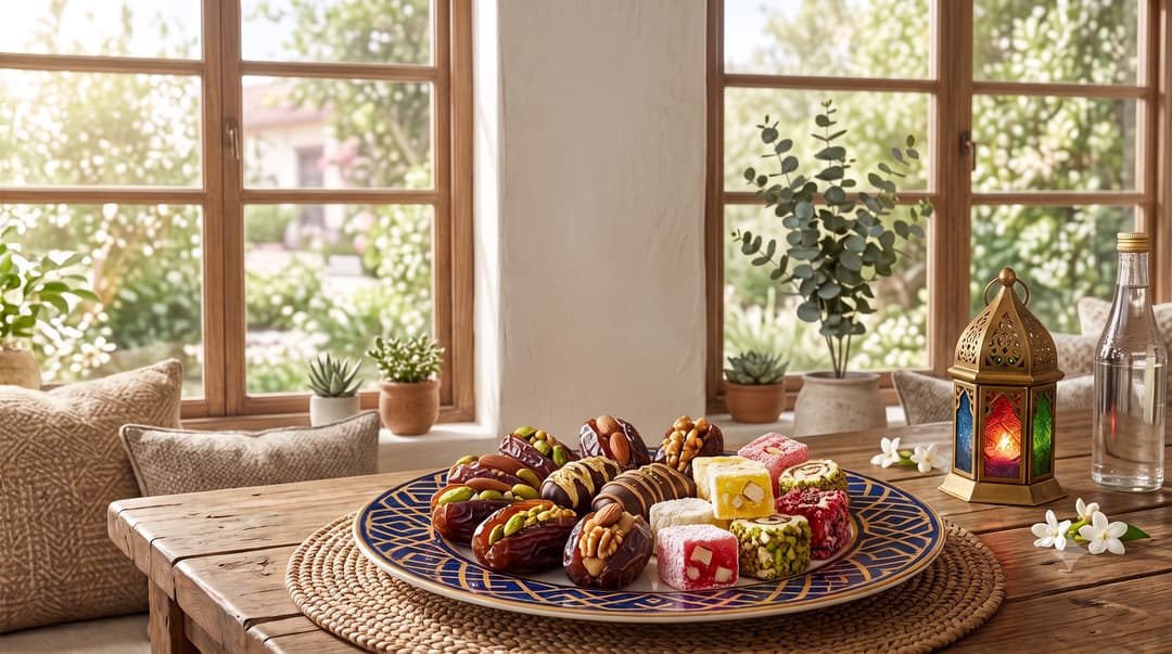 Stuffed dates, chocolate-dipped dates, and Turkish delight on a decorative plate for Eidc