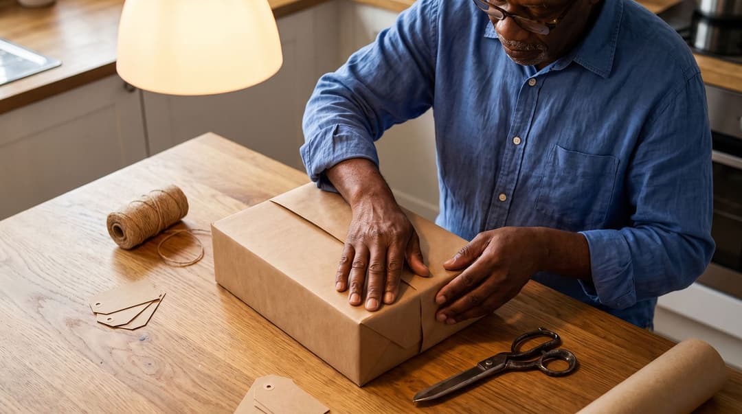 A man in his fifties wraps a gift box on a kitchen table, surrounded by twine, scissors, and wrapping materials.
