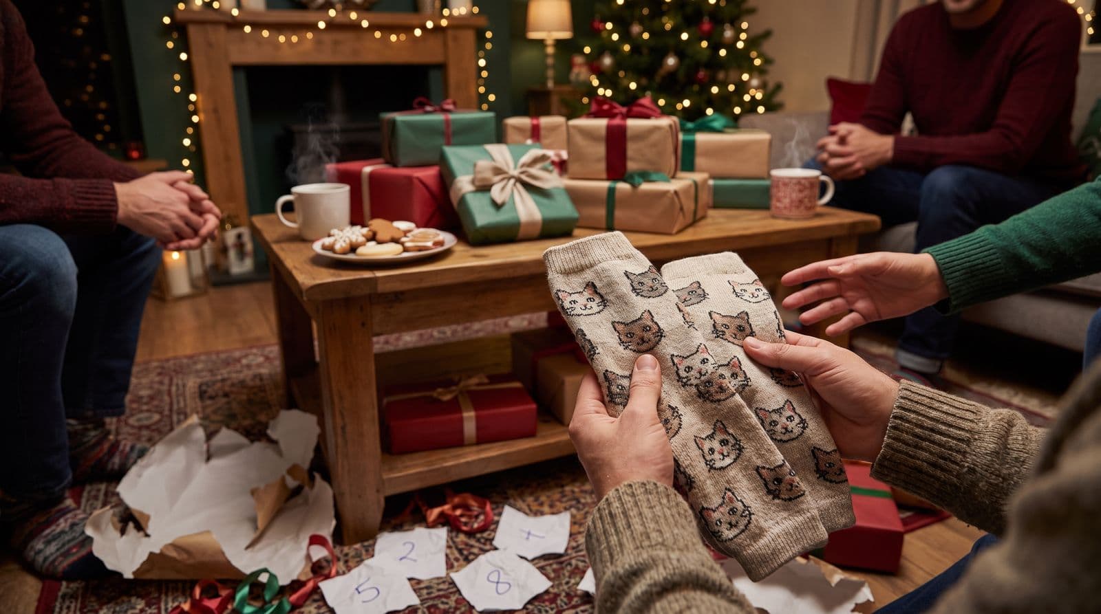 Hands holding up a pair of socks printed with cartoon cat faces at a living-room gift exchange, a coffee table piled with wrapped presents, numbered paper slips and torn wrapping on the rug, a lit tree and fairy lights behind, other guests' hands reaching in.