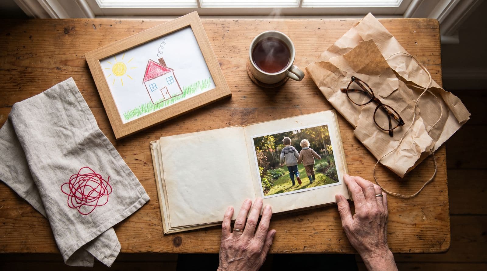 Older hands holding open a photo album on a pine table by a window, the page showing two small children from behind in a garden, beside a framed crayon drawing of a house, a linen napkin with a red embroidered scribble, reading glasses, a mug of tea and torn kraft wrapping.