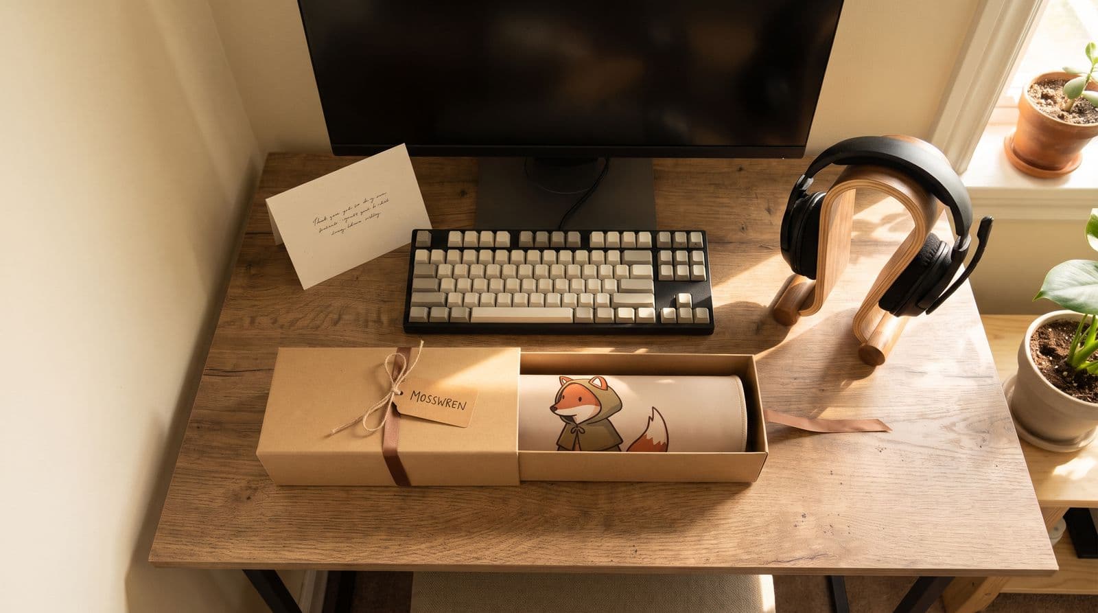 A sunlit gaming desk with a dark monitor, a pale mechanical keyboard and a headset on a wooden stand, and in front an open kraft gift box holding a rolled desk mat printed with a cartoon fox in a hooded cloak, tagged with the invented handle Mosswren.