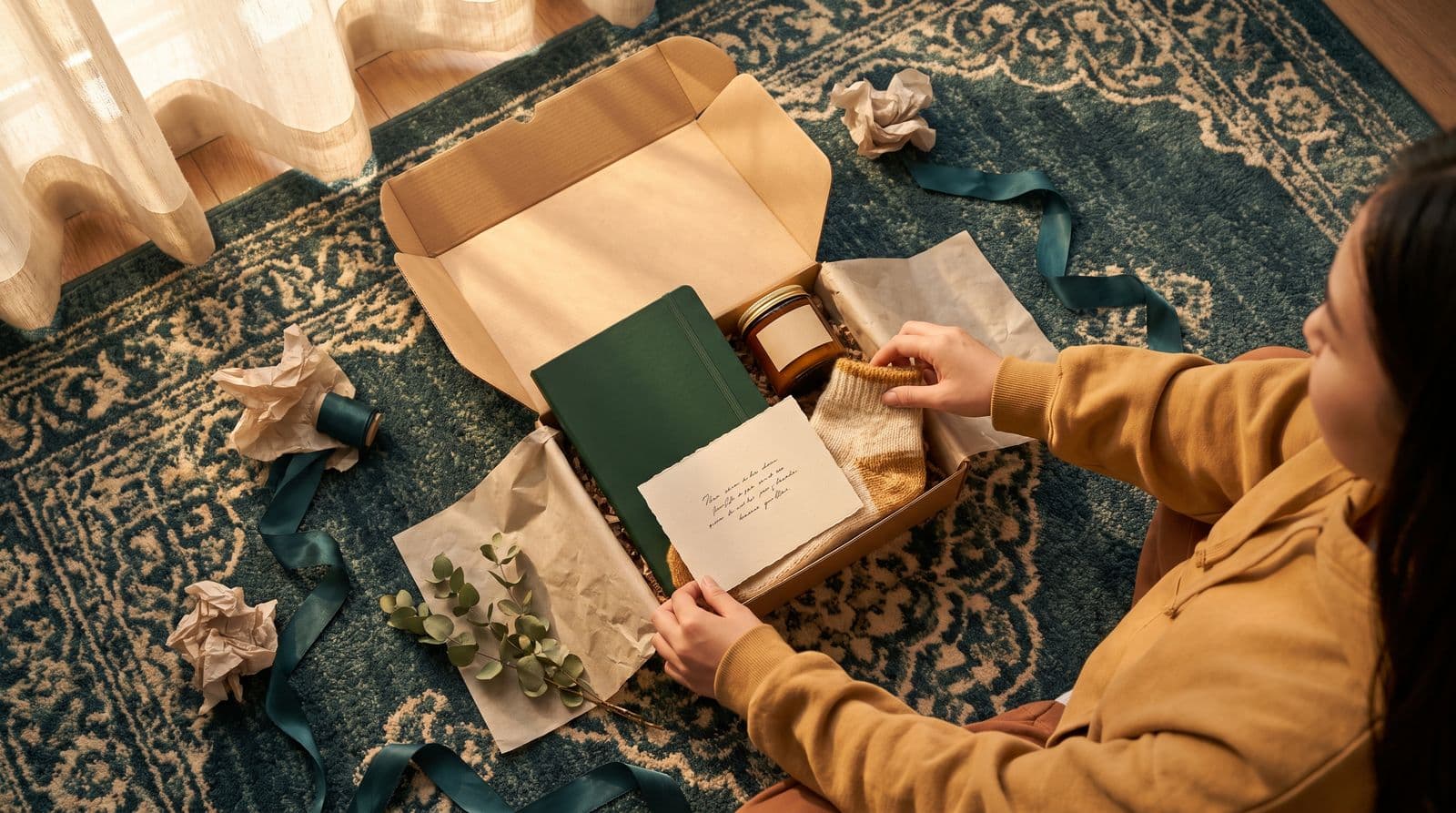A woman in an oversized hoodie assembles a thoughtful welcome gift box for a remote intern on a cozy living room rug.