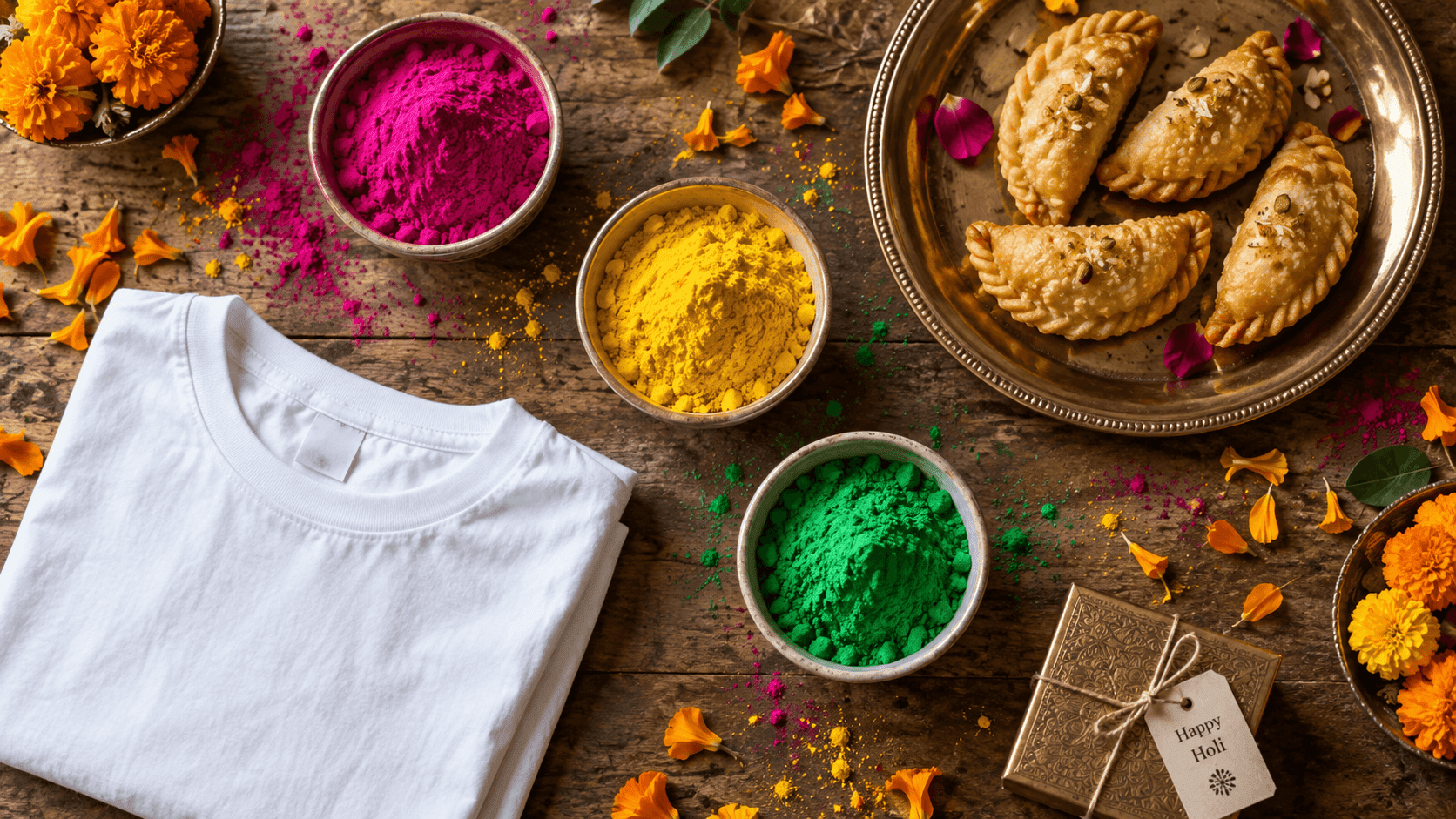 Holi gift spread with bowls of pink, yellow and green gulal, a folded white t-shirt and gujiya on a brass tray