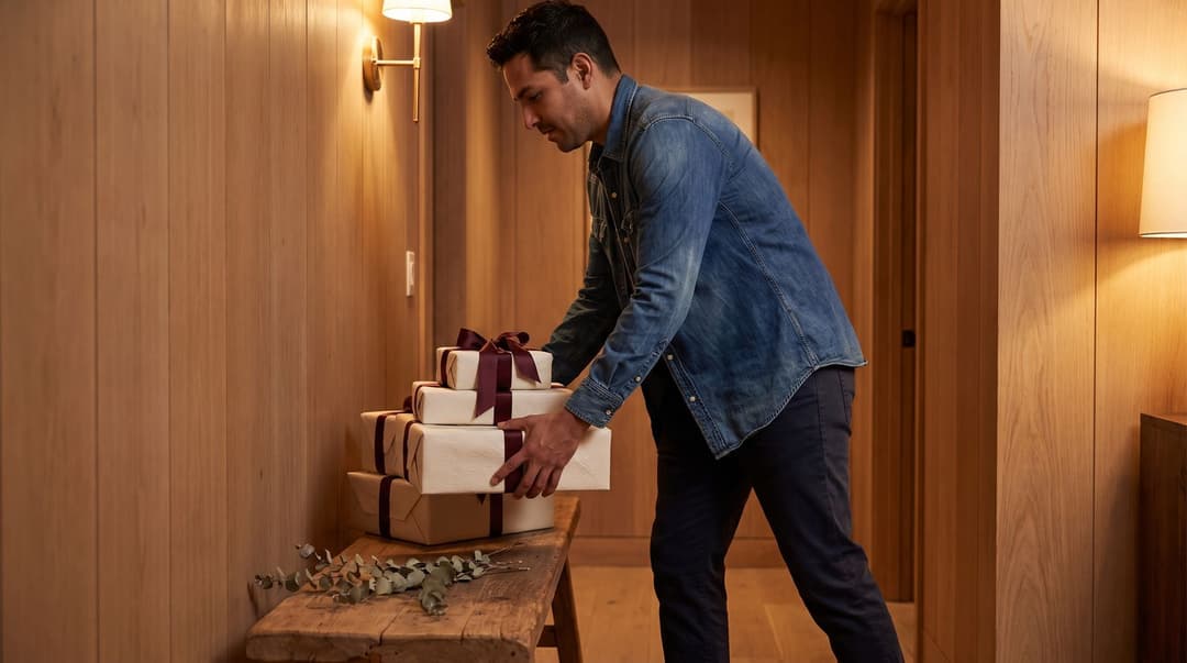 A man in a denim shirt carries gift-wrapped boxes into a warm, wood-paneled hallway, symbolizing the gift of time and rest for a hardworking team.