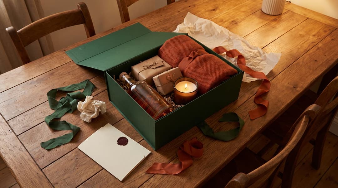 A curated gift box containing gourmet treats, a bottle of sparkling tea, and a cozy blanket sits open on a dining table, surrounded by ribbon and a blank card.