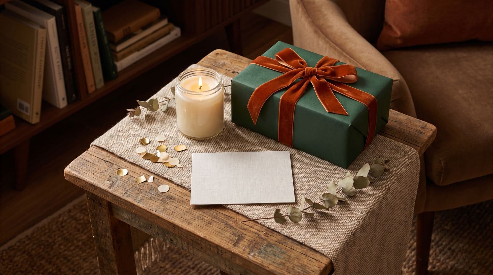 A beautifully wrapped gift box with a velvet ribbon sits on a wooden table next to a candle and a blank card to celebrate a team milestone.
