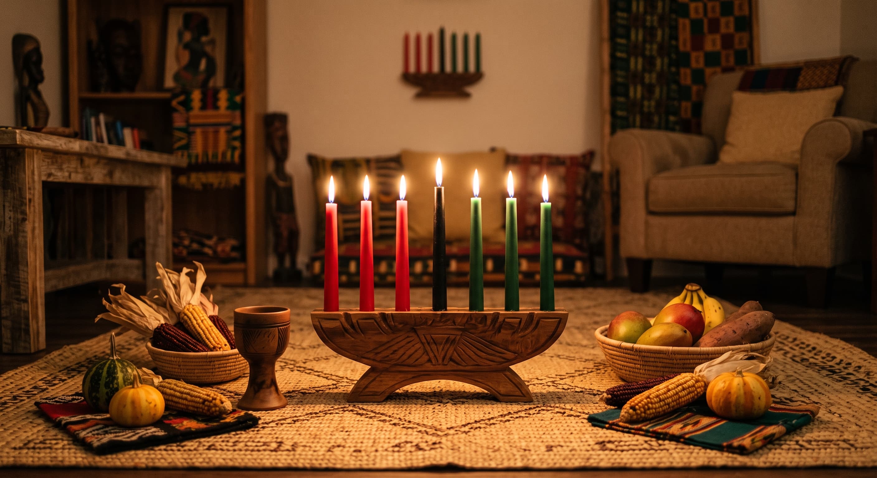 A wooden kinara holding seven lit candles — three red, one black, three green — on a woven mat, flanked by baskets of corn, pumpkins, and fruit, with a smaller kinara displayed on the wall behind, in a room decorated with African textile patterns