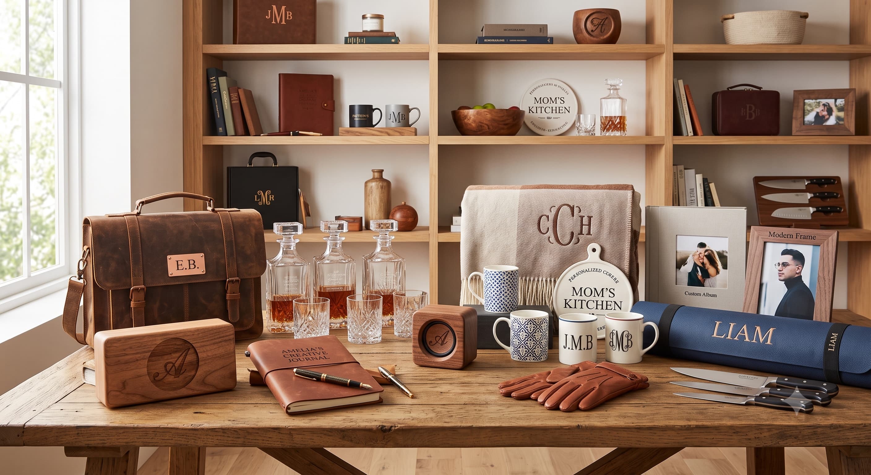 A collection of personalized gift items displayed on a wooden table and shelves, including a monogrammed leather bag, engraved wooden box, whiskey decanters and glasses, monogrammed mugs, a custom leather journal, name-embossed accessories, a 'Mom's Kitchen' cutting board, a monogrammed blanket, and personalized photo frames and albums