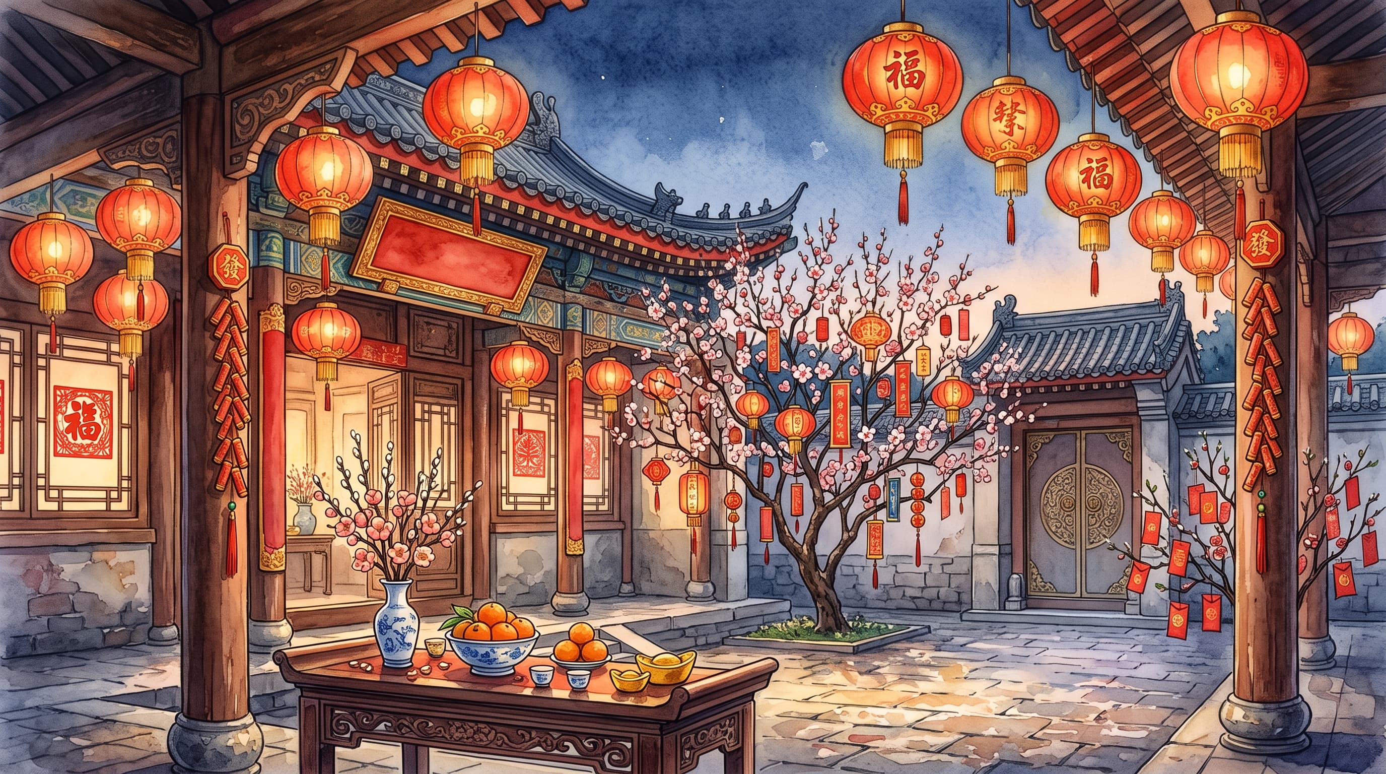 A watercolor illustration of a traditional Chinese courtyard at dusk decorated for Lunar New Year, with red lanterns hanging from the eaves, a blossoming plum tree strung with red envelopes, and a table holding oranges and gold ingots