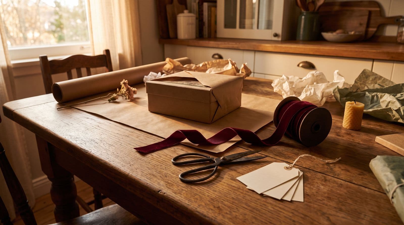 A wide-angle shot of a kitchen table covered in gift-wrapping materials, including ribbon, scissors, and a partially wrapped personalized gift, illuminated by warm, cozy light.