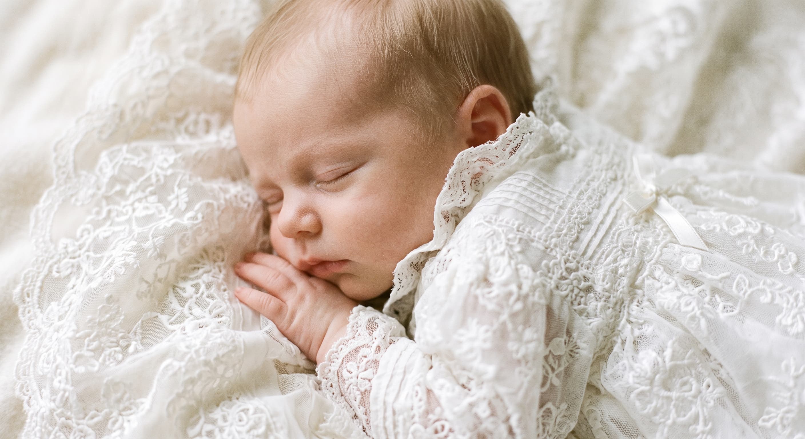 Sleeping newborn in a traditional white lace christening gown, resting on ivory lace
