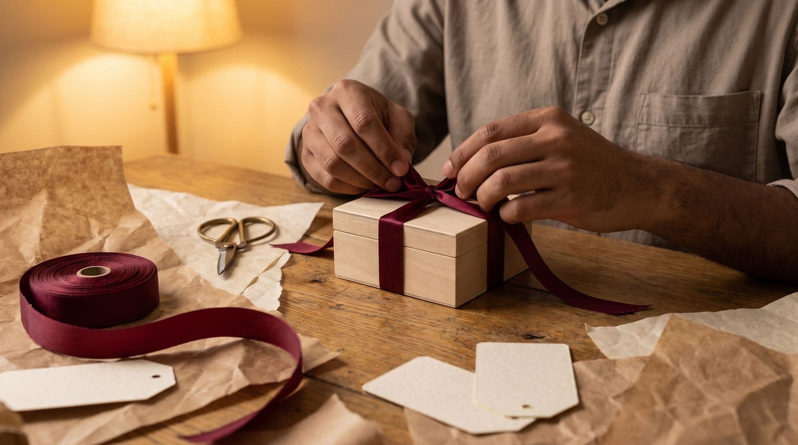 A close-up view of a South Asian man's hands as he carefully wraps a personalized engagement gift on a wooden kitchen table surrounded by ribbons and wrapping materials.