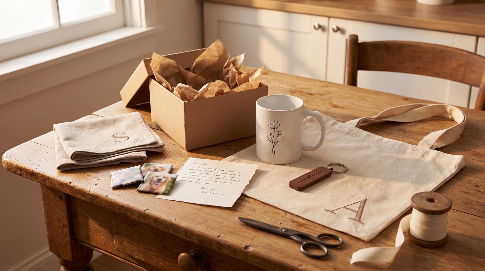 A kitchen table in warm window light with a kraft gift box of tissue paper, a white mug with a single line-drawn flower, a linen tea towel embroidered with an S, a canvas tote with a large A, two photo magnets of a golden retriever, a wooden keychain, a handwritten note, scissors and a spool of ribbon.