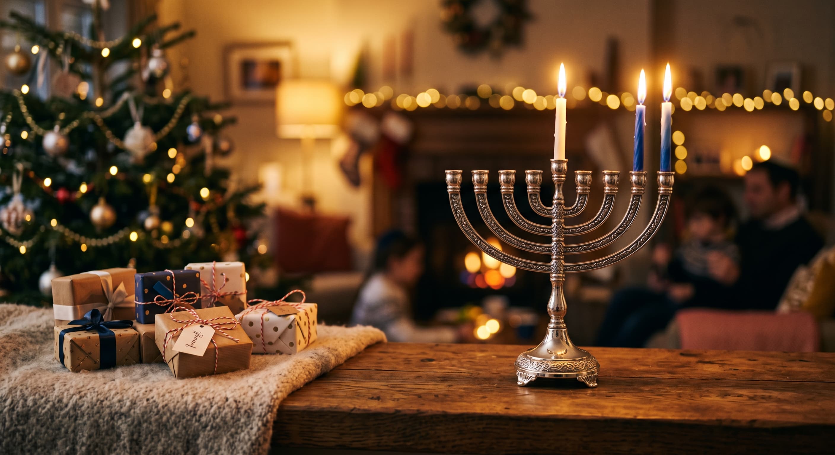 A silver menorah with three lit candles on a wooden table beside small wrapped gifts, with a decorated Christmas tree and fireplace in the background.