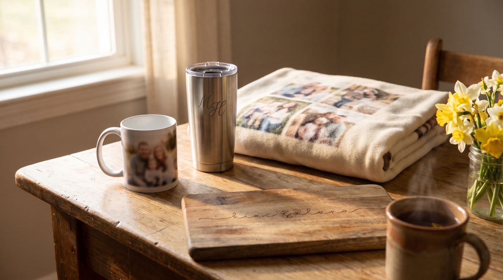 A collection of personalized Mother's Day gifts, including a photo-printed mug, an engraved tumbler, a wooden board with handwriting, and a photo-collage blanket, resting on a sunny kitchen table.