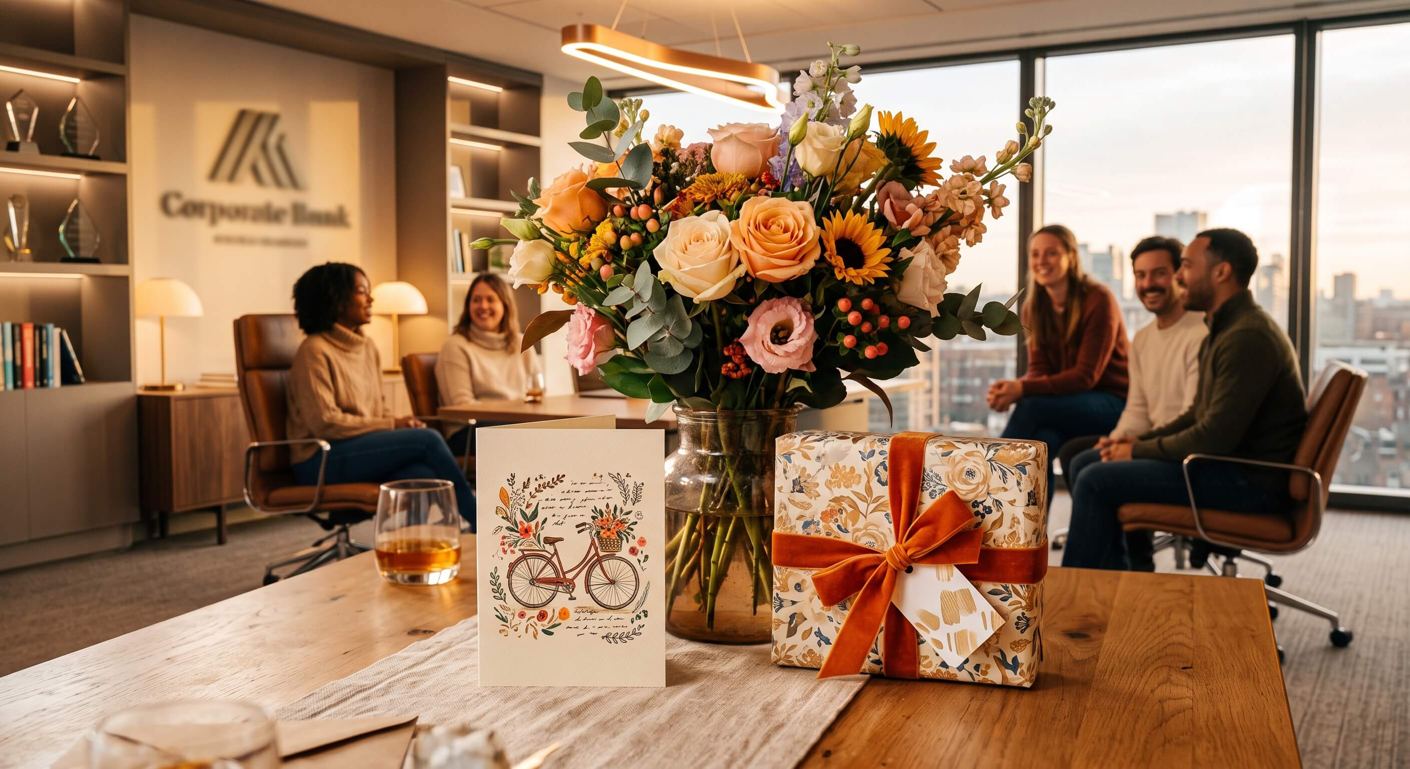 Bouquet, illustrated farewell card and a gift wrapped in floral paper with an orange ribbon, with colleagues talking behind