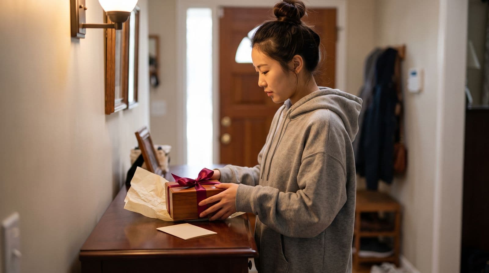 A woman's hands carefully place a beautifully wrapped, personalized gift on a wooden entryway table in a warm, inviting home.
