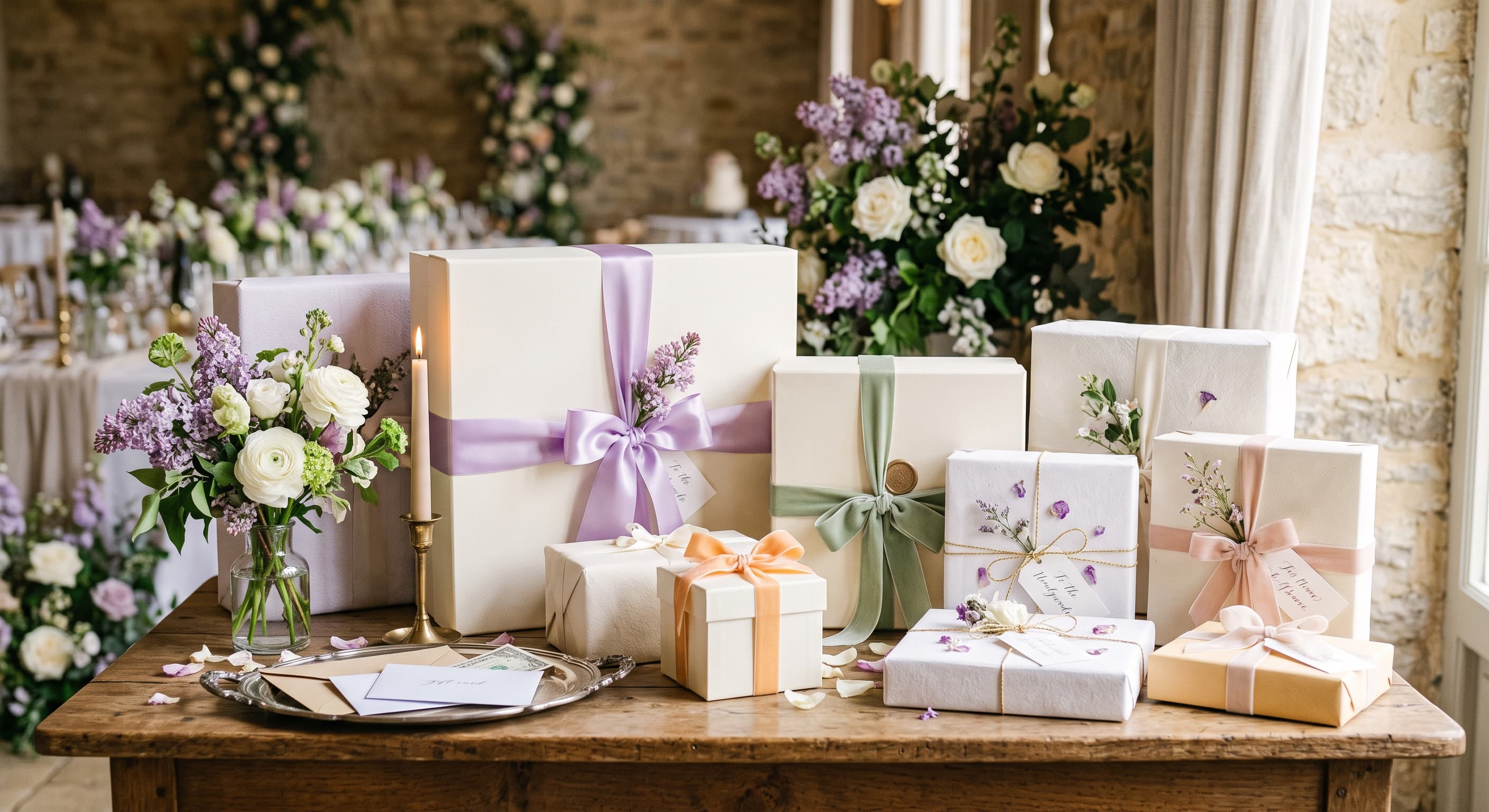 Wedding gift table with wrapped presents in ivory and pastel ribbons, envelopes on a silver tray, a lilac and white bouquet and a lit candle