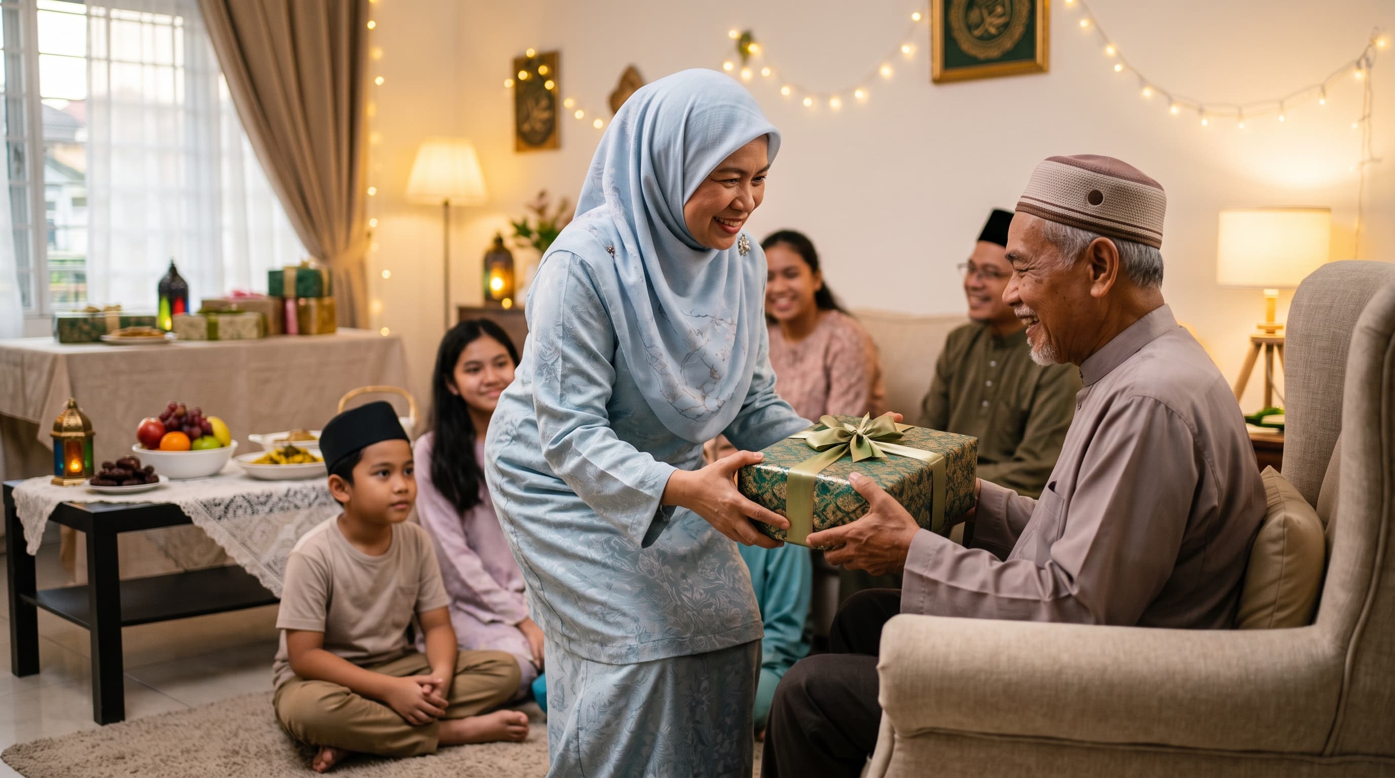 A woman in a light blue hijab handing a wrapped gift to a smiling elderly man, surrounded by family members seated together in a living room decorated with string lights and Islamic art for Ramadan