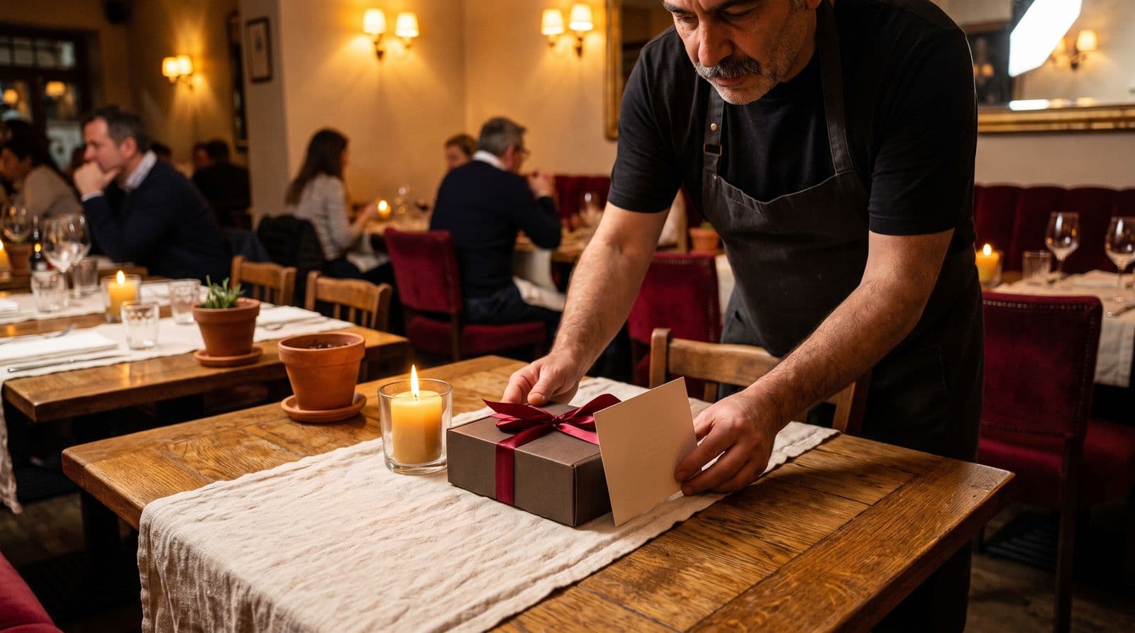 An Italian restaurant owner with a moustache thoughtfully presents a beautifully wrapped, ribbon-tied gift box on a warm wooden dining table.