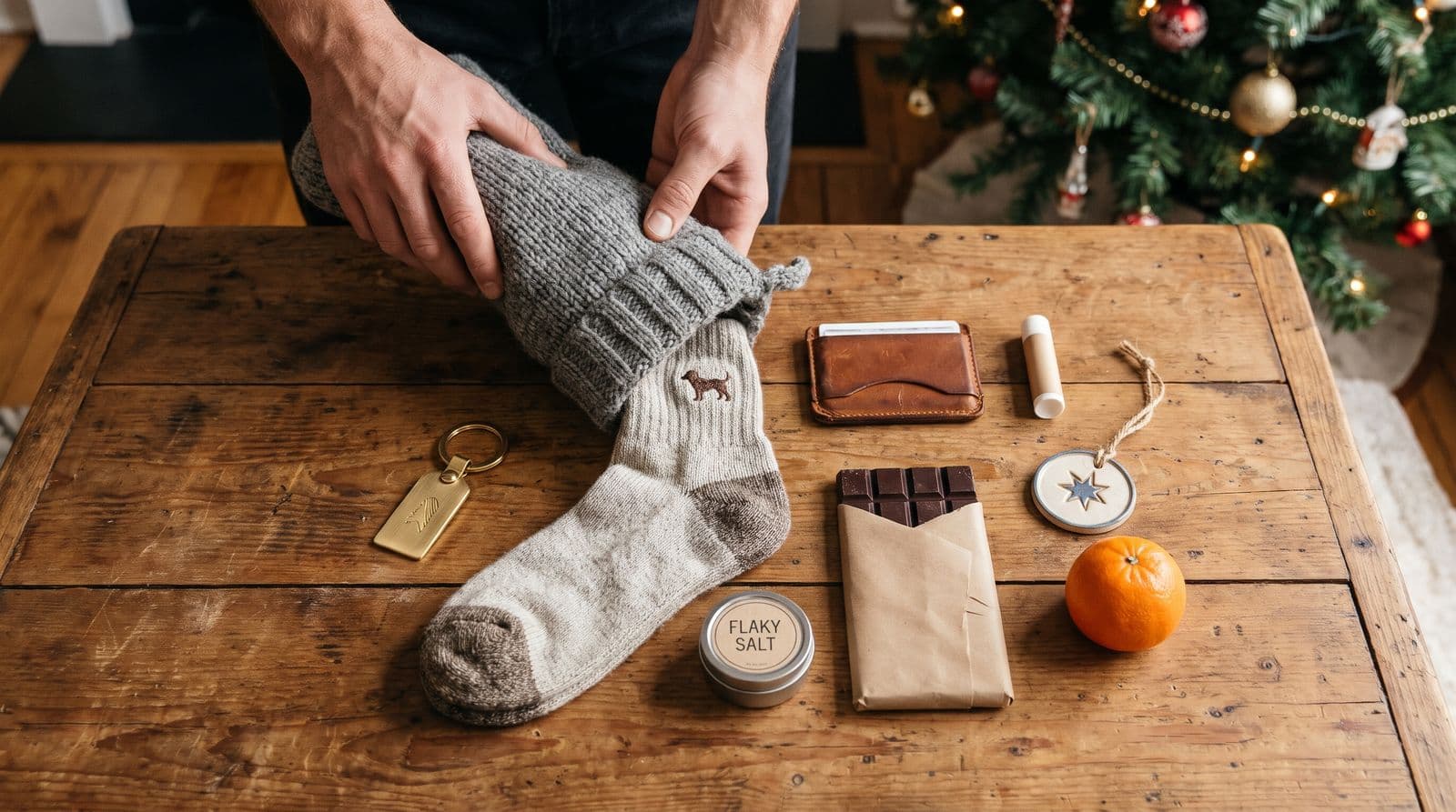 Hands tipping a grey knitted stocking onto a wooden coffee table beside a Christmas tree, spilling a brass keychain, wool socks with a small embroidered dog, a tin of flaky salt, a paper-wrapped chocolate bar, a leather card holder, a lip balm, a tiny star ornament and a clementine.