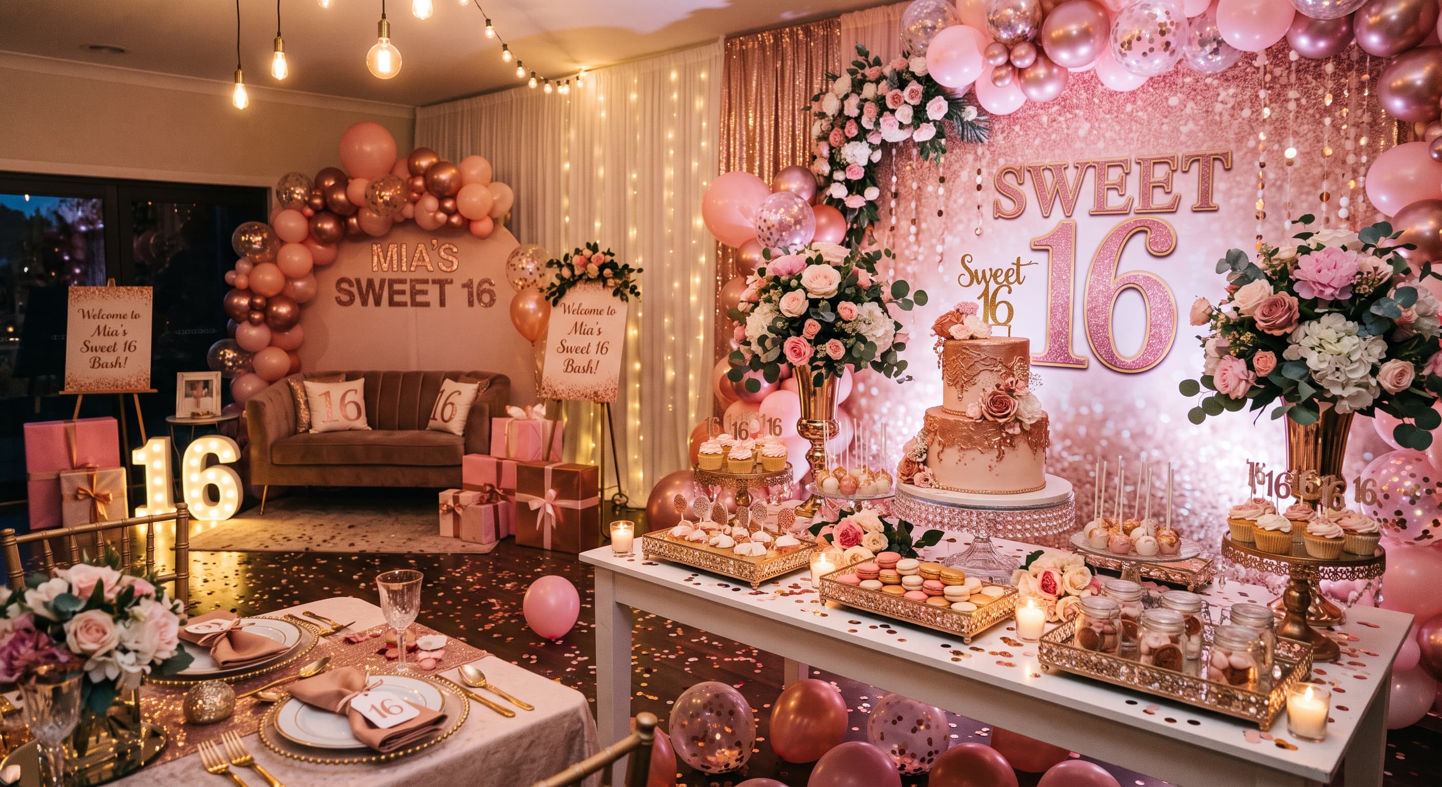 Rose gold and pink Sweet 16 party setup with a balloon garland, tiered cake, dessert table, light-up 16 letters and glitter backdrop