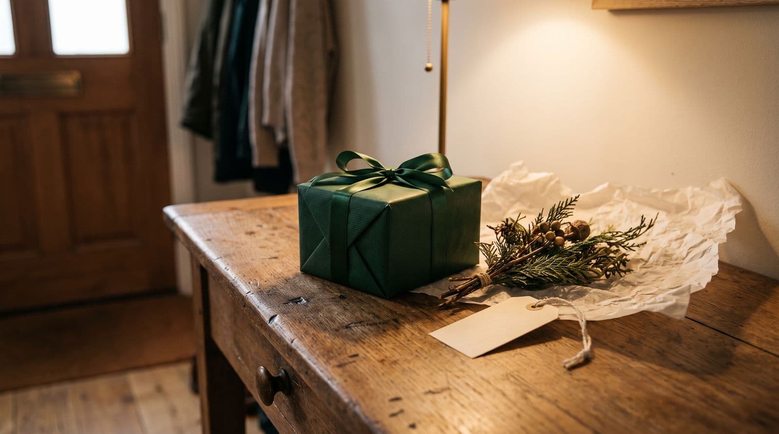 A beautifully wrapped gift in forest-green paper sits on a wooden console table in a warm, dimly lit hallway, suggesting a thoughtful Boxing Day gesture.