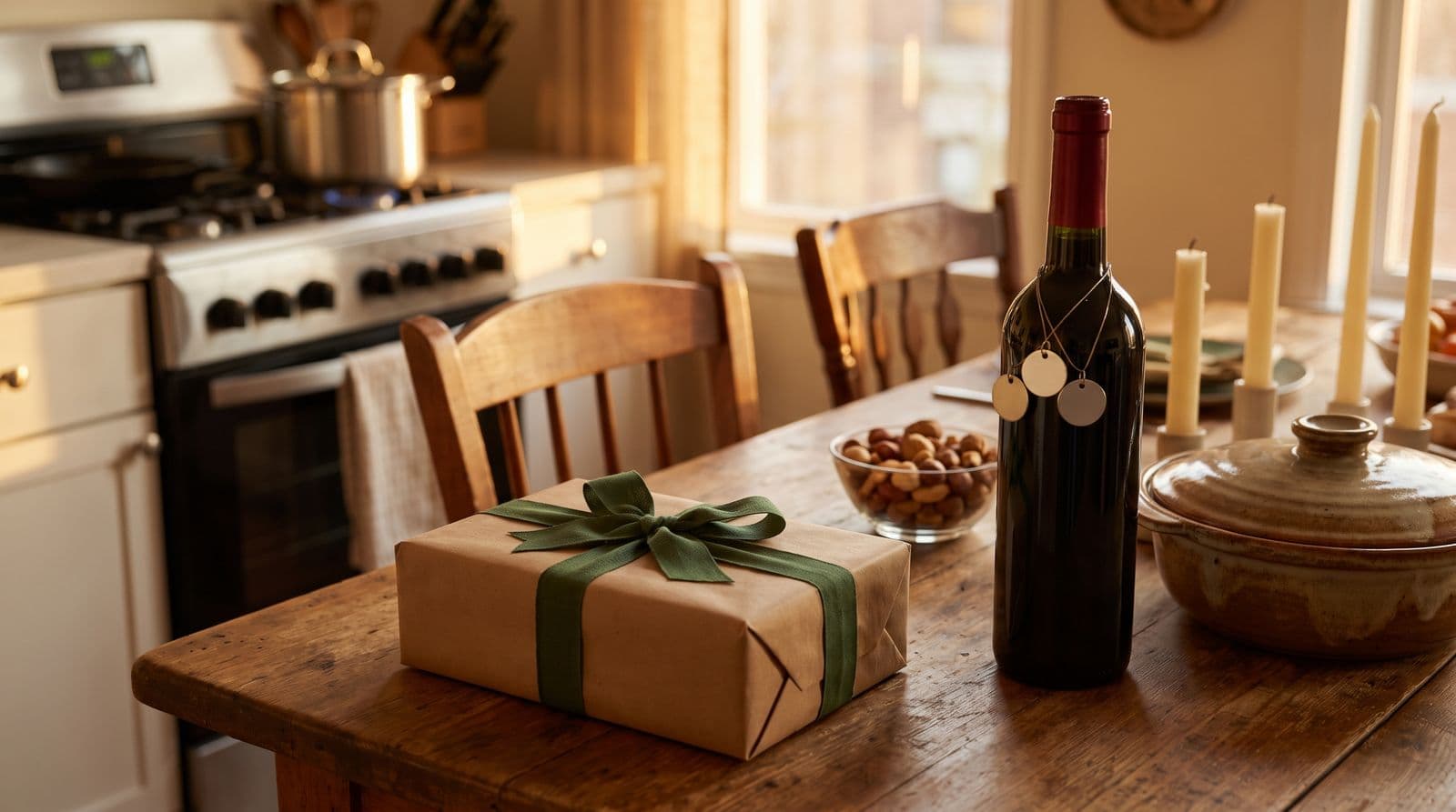 A kraft-wrapped gift with a green ribbon and a bottle of red wine with three small charms on its neck on a wooden kitchen table, a bowl of nuts, candles and a covered ceramic dish beside them, a pot on the stove behind.