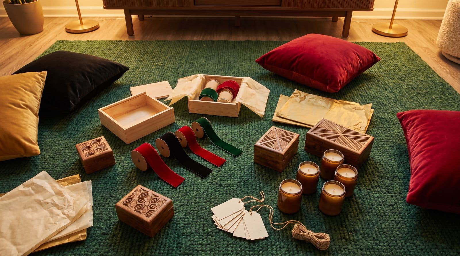 A curated collection of gift-wrapping materials, wooden keepsakes, and artisanal candles are spread across a textured rug and cushions on a living room floor, prepared for a Juneteenth celebration.