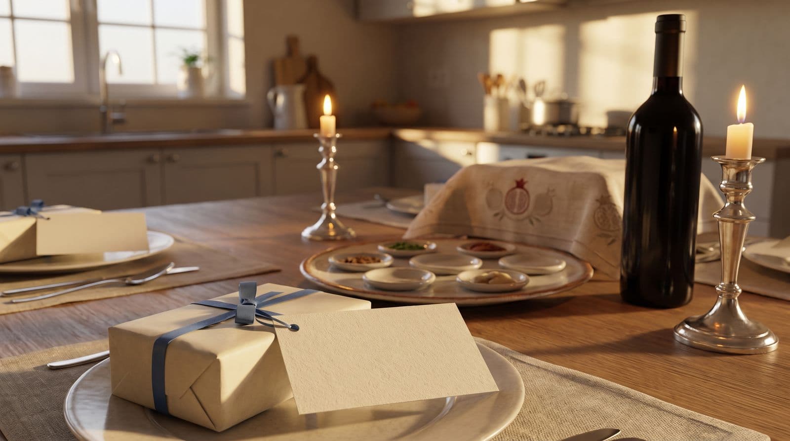 A kitchen table set for a Passover Seder in afternoon light: a Seder plate with its small dishes, a linen matzo cover embroidered with pomegranates, a bottle of red wine, lit candlesticks, and a small gift wrapped in cream paper with a blue ribbon and a blank card on the host's plate.