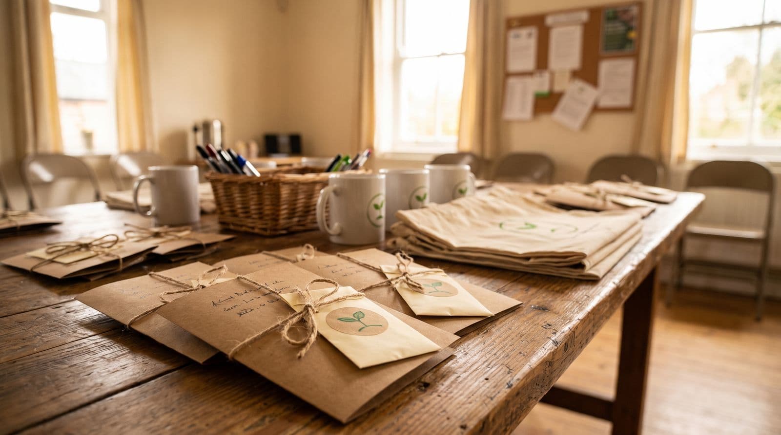 A community hall table with thank-you bundles being assembled: kraft cards tied with twine to seed packets with a small green sprout sticker, white mugs and folded tote bags with the same mark, a basket of pens and folding chairs behind.