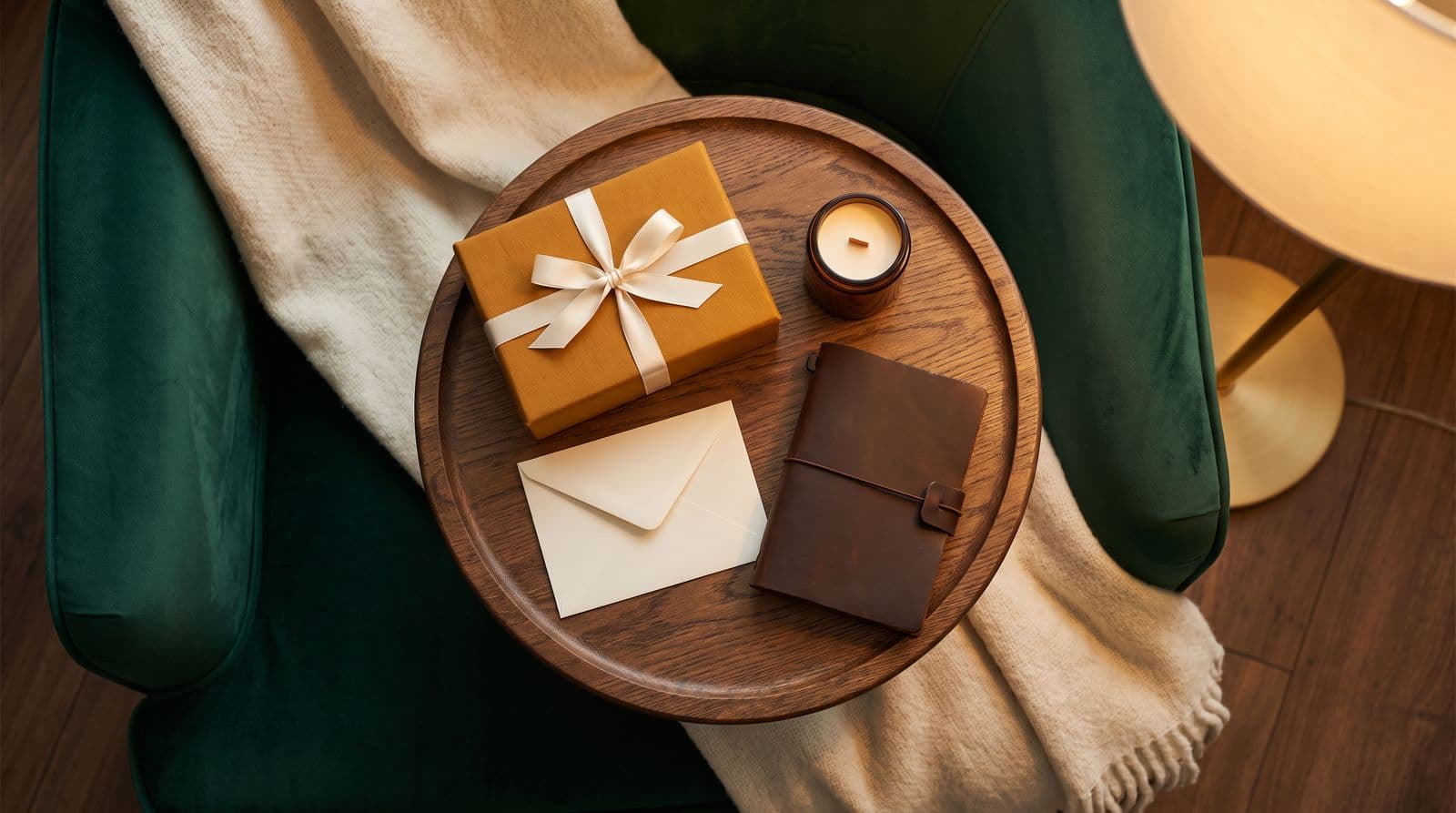 A curated welcome-back gift set including a wrapped box, a journal, and a candle sits on a wooden table in a cozy office lounge.