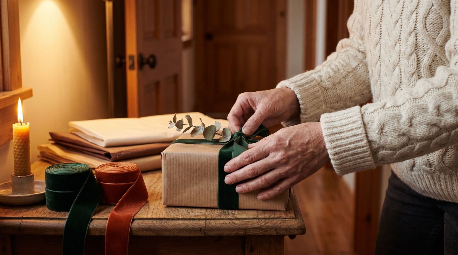 A woman wearing a cozy knit sweater wraps a personalized gift on a wooden hallway table, surrounded by ribbons and holiday greenery.