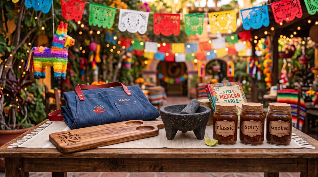 Denim apron embroidered with the name Maria next to a stone molcajete, engraved serving board, Mexican cookbook and three jars of salsa