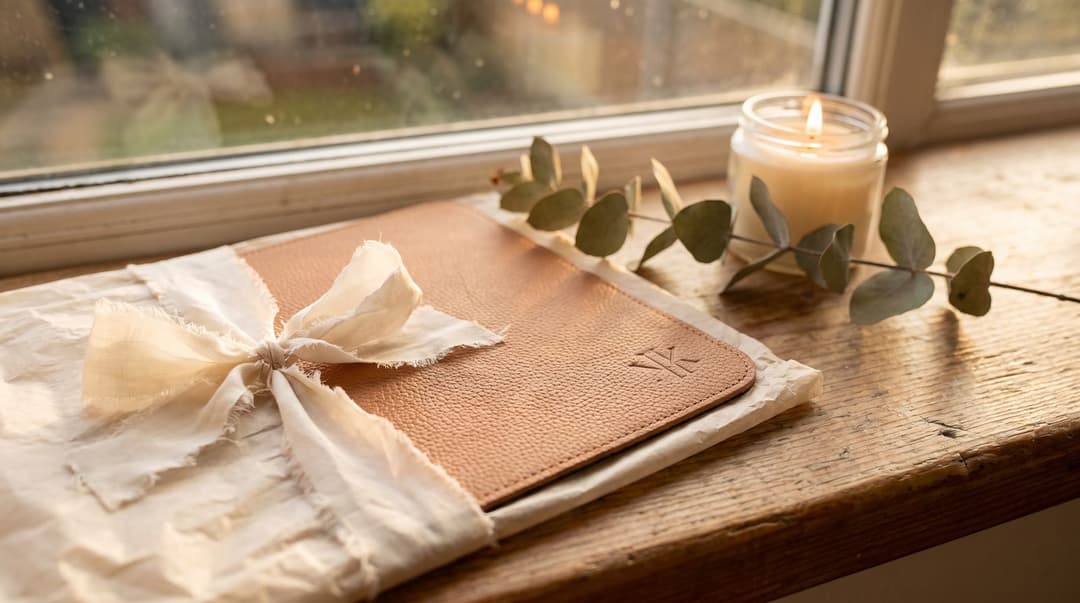 A luxurious leather mousepad wrapped in tissue paper and ribbon sits on a wooden windowsill, illuminated by warm, soft evening light.