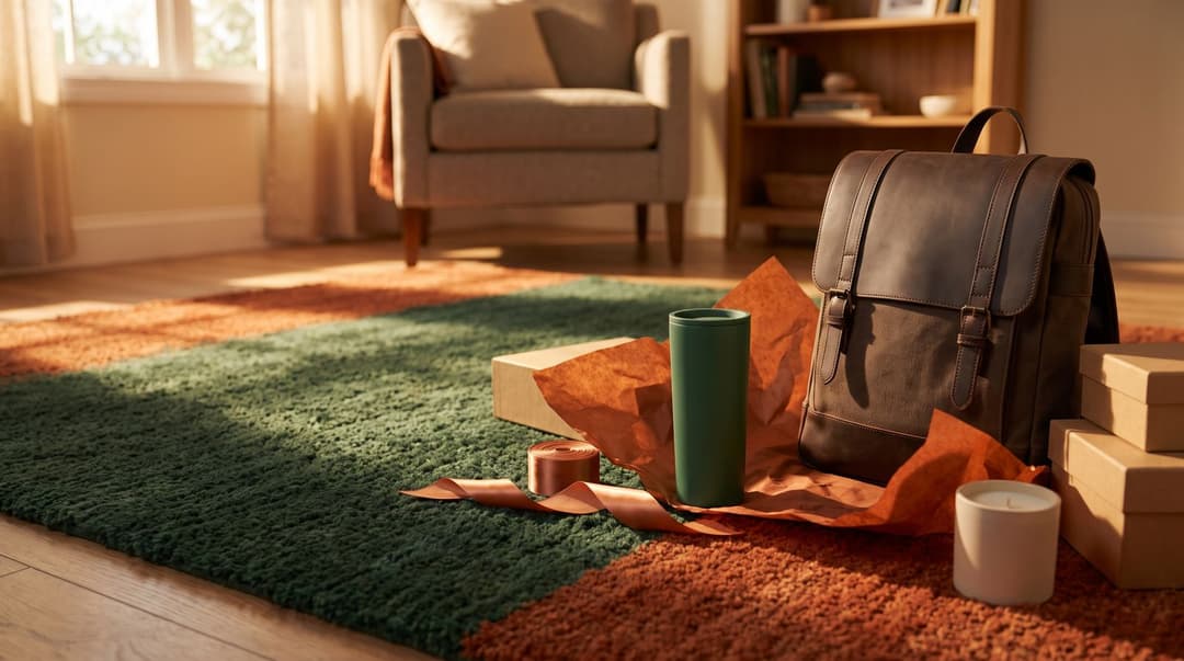 A sleek insulated tumbler and a professional laptop backpack rest on a living room rug surrounded by elegant gift-wrapping materials.