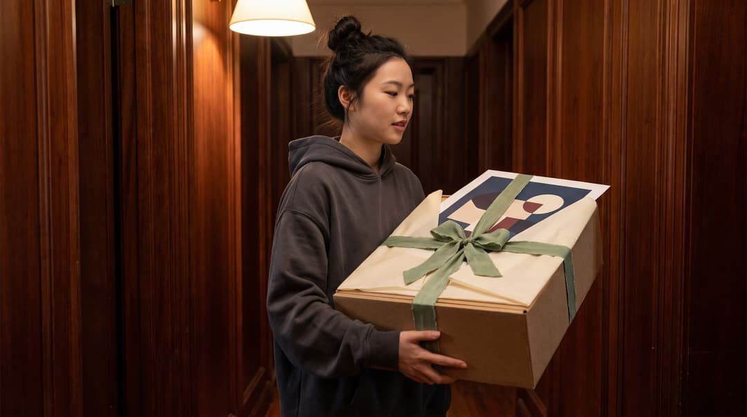 A young woman wearing an oversized hoodie enters a warmly lit hallway carrying a gift box tied with a silk ribbon containing a sophisticated art print.