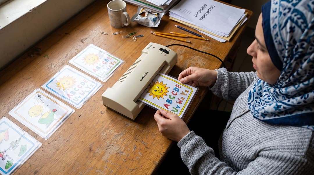 A teacher’s hands feed a classroom flashcard into a small home laminator, with several finished laminated cards resting in a row on the desk beside it.