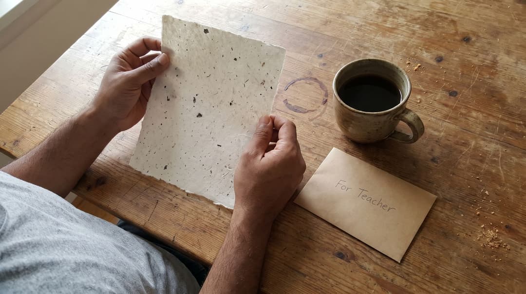 A man holds a piece of textured, artisanal paper up to the light at a wooden table next to a coffee mug.