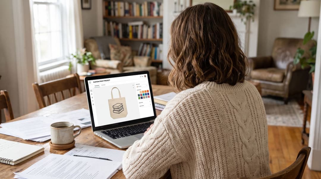 A woman sits at a wooden table in her home, working on a custom design for a canvas tote bag on her laptop.