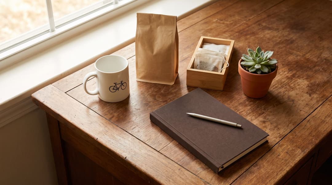 Four small gifts on a desk by a window: a mug printed with a bicycle, a bag of coffee beans with a box of tea, a succulent in a terracotta pot, and a clothbound notebook with a pen.