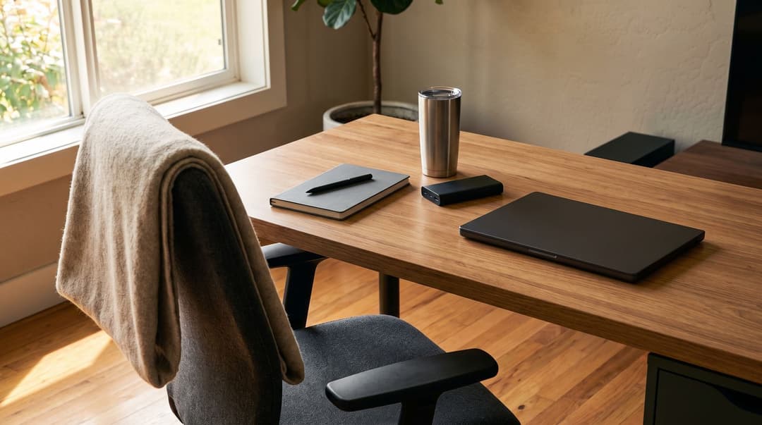 A throw blanket folded over an office chair, with a smart notebook and pen, a steel insulated tumbler and a slim power bank on the desk beside a laptop.